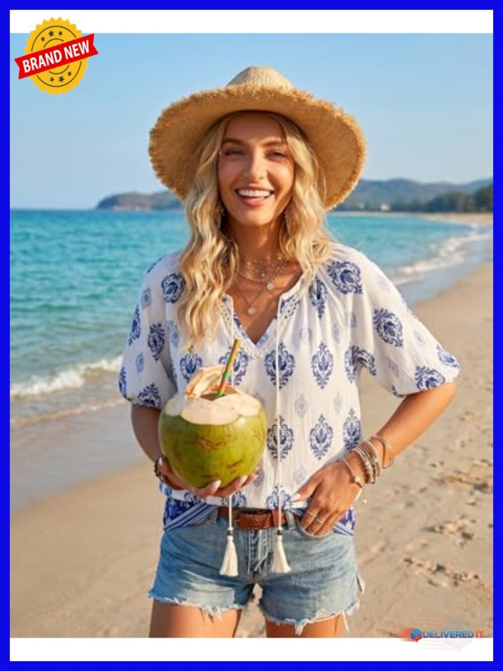 Womens Boho Floral V Neck Short Sleeve Blouse Tie Front Flowy Vacation Top - Picture 2 of 6